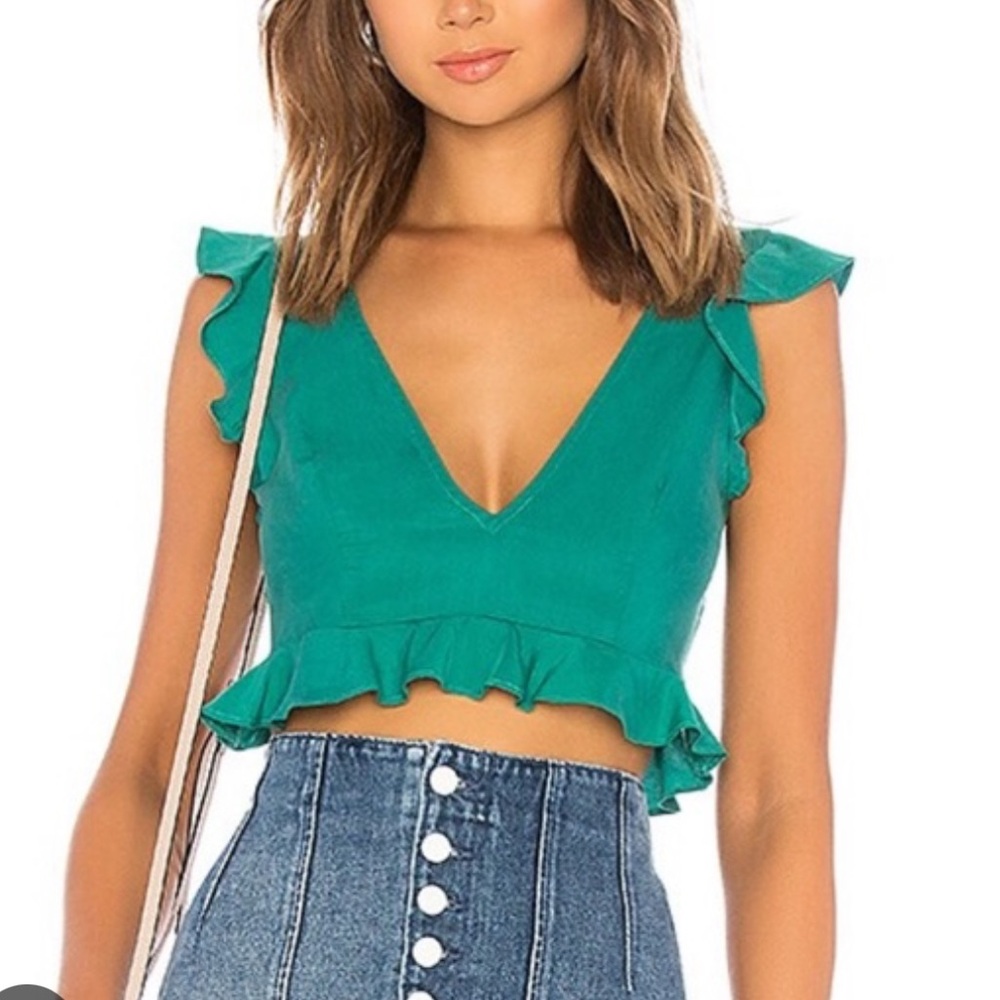 Privacy Please Emerald Ruffled Flutter Sleeve Crop Top